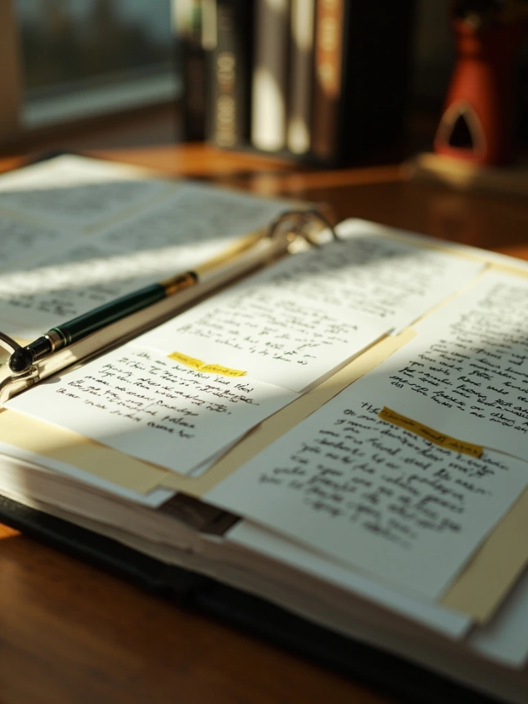 An open editorial binder showing annotated church website screenshots with margin notes